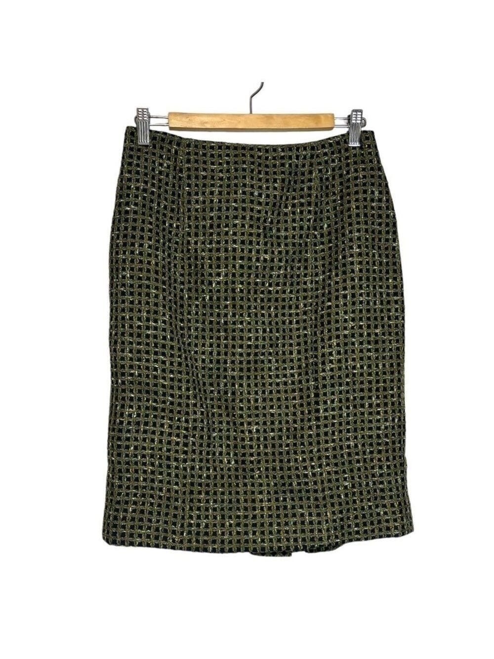 Carlisle Boucle Check Wool Blend Pencil Skirt Green Black Midi, size 6